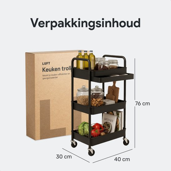Keuken trolley met lade op Wieltjes - 3 laags - Keukenrek - Serveerwagen - Kastje - Karretje - Opberg - Douche kastjes staand - Rekje - Zwart - Luft