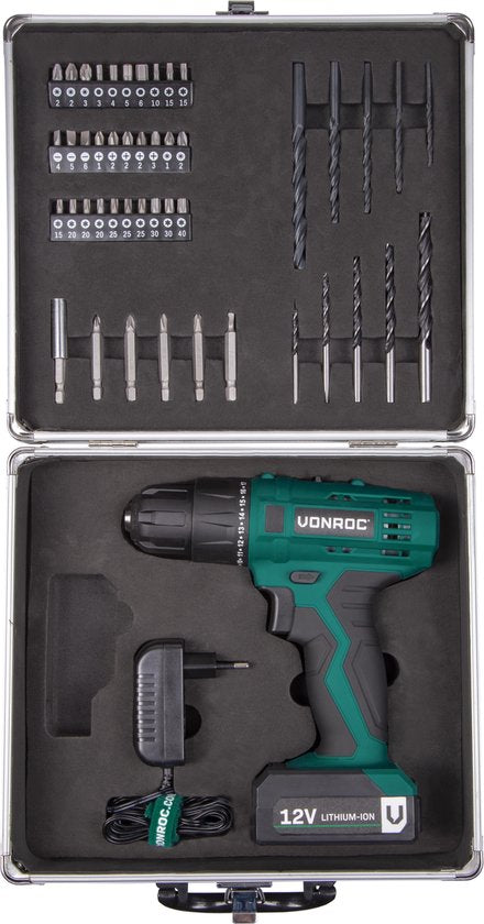 VONROC Accuboormachine – 12V Li-Ion – Incl. aluminium opbergkoffer, 46 accessoires, 1x accu & lader