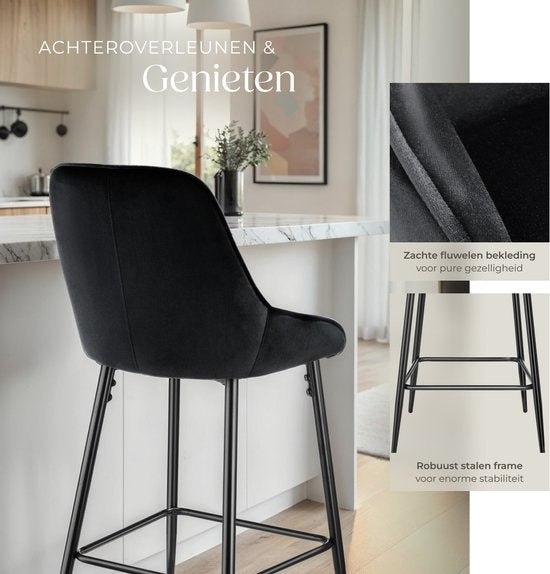 tectake® - Set van 2 Barkrukken Siera - Gestoffeerde Barkruk met rugleuning - Barstoelen - Barstoel met voetensteun - Eetkamerstoel met fluweellook bekleding en zachte schuimvulling - Stevige stalen poten met antislip vloerbescherming - Zwart
