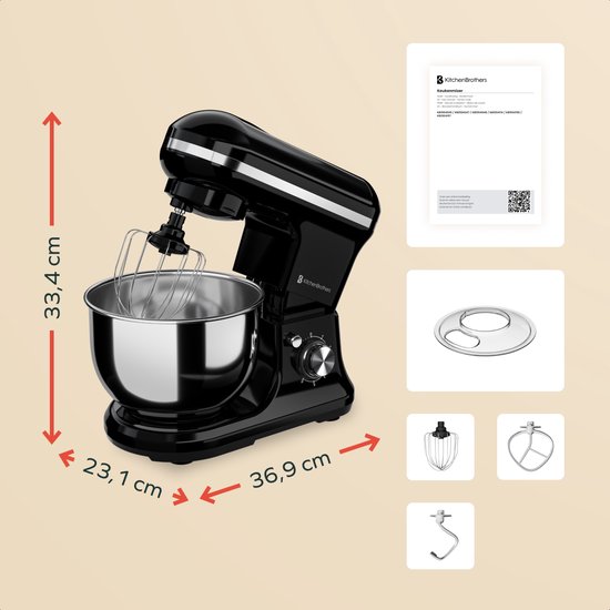KitchenBrothers Keukenmachine - 1200W - Keukenrobot - 5L - Mixer met Mengkom - Keukenmixer - Zwart
