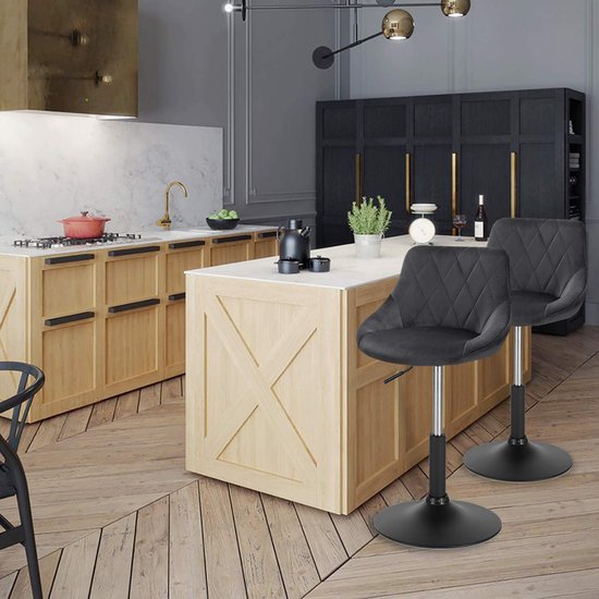 Rootz Velvet Barkruk - Tegenstoel - Verstelbare zitting - Draaikruk - Lounge Sessel - Gewatteerde kruk - Keukenstoel - Donkergrijs - 22,0x19,3x15,7 inch