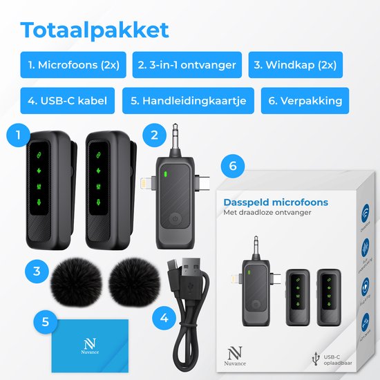 Nuvance Draadloze Microfoon - 2 Stuks - Microfoon Draadloos - Mini Dasspeld Microfoon - Lavalier - 3 in 1 - Incl. 2 Windshields