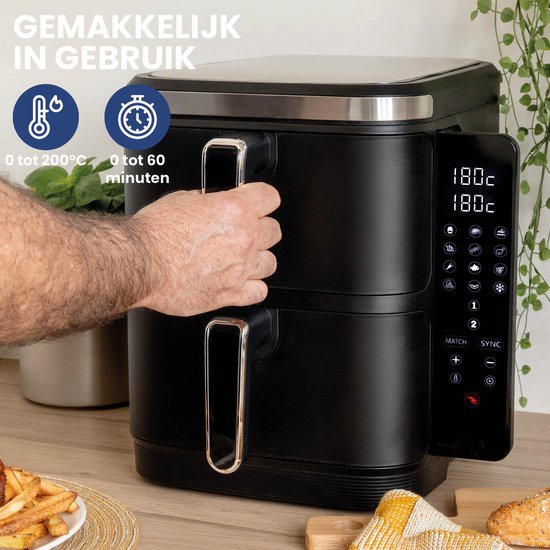 Nexxt - Double Stacked Airfryer - 11 l Inhoud - Zwart & RVS - 12 Kookprogramma's - Gestapeld Model - Ruimtebesparend & Dubbele Lade