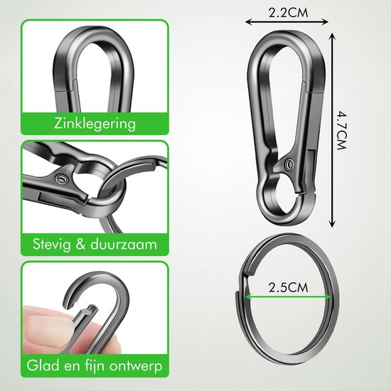 Travelhawk Karabijnhaak Sleutelhanger - met Sleutelring - 3 Stuks - Musketonhaak met Veerclip - Karabijnhaak Sleutelhanger - Aluminium - Zilver