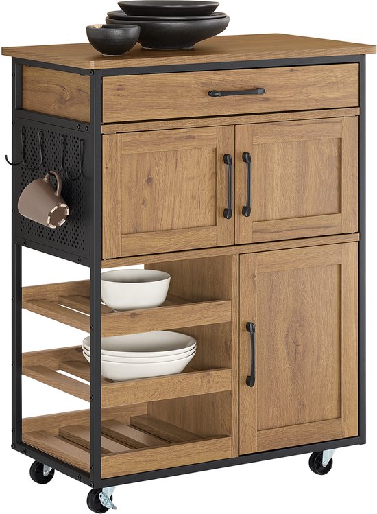 SoBuy FKW134-N Keukenkast op Wielen met Werkblad, Keukenwagen met Lade, Wijnrek Compacte Eiland voor Keuken, Eetkamer en Buiten, Vintage Bruin 67x37x88 cm