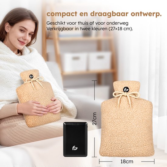 Elektrische Kruik – 3 Standen – Kruik – 10.000 mAh Powerbank – Wasbare Hoes – Oplaadbare Kruik – Teddy Beige – Saaf Comfort