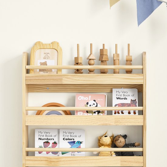 SoBuy KMB08-K-N Boekenkast voor kinderen, 4 niveaus, meubels, speelgoed, boekenkast, opbergkast, plank, slaapkamer, natuur, 60 x 12 x 80 cm