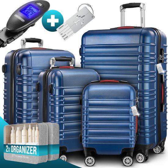 Monzana 4-delige Hardcase Kofferset - Handbagage M L XL Trolleys - Marineblauw