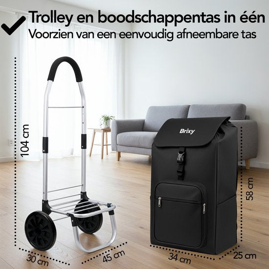 Brixy Boodschappentrolley - Opvouwbaar - Met Wielen - Afneembare Boodschappentas - Boodschappenwagen - Zwart