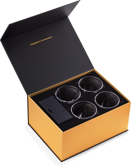 BarDeluxe® Whiskey Set - 4 Handgemaakte Kristallen Glazen 325 ml - Luxe Cadeauset met IJsblokjesvorm & Bewaardoos - Ideaal als Whisky Geschenk