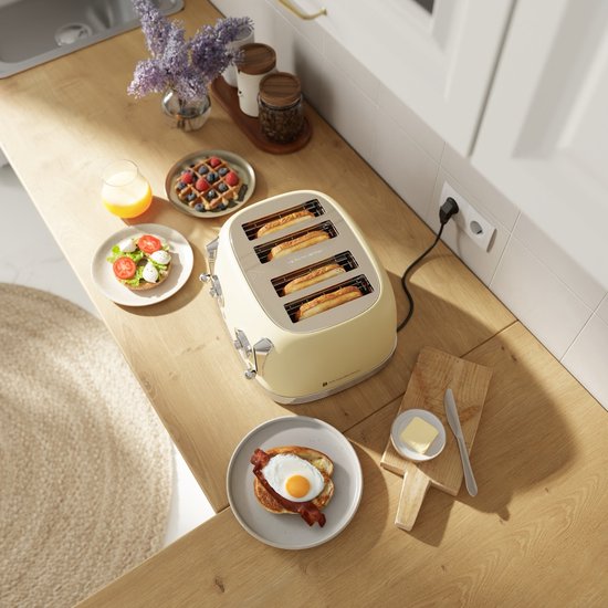 KitchenBrothers Retro Broodrooster - Toaster - 6 Warmteniveaus - 4 Extra Brede Sleuven - 815W - Beige