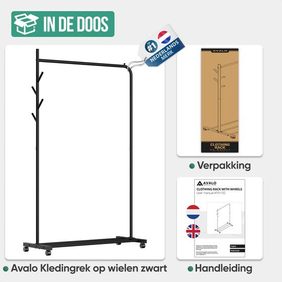 Avalo Kledingrek op Wieltjes Zwart - Metaal - 100x40x156 - Opbergruimte Voor Schoenen