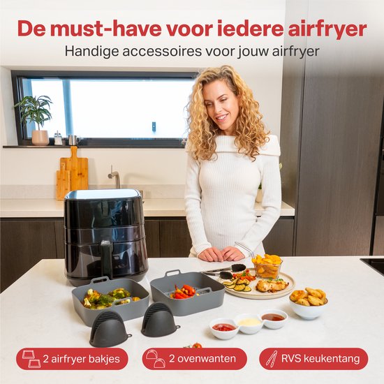 AoraKitchen Airfryer Bakjes Siliconen - 20cm - 5 Delig - Airfryer Accessoires - Incl. Wanten & Tang