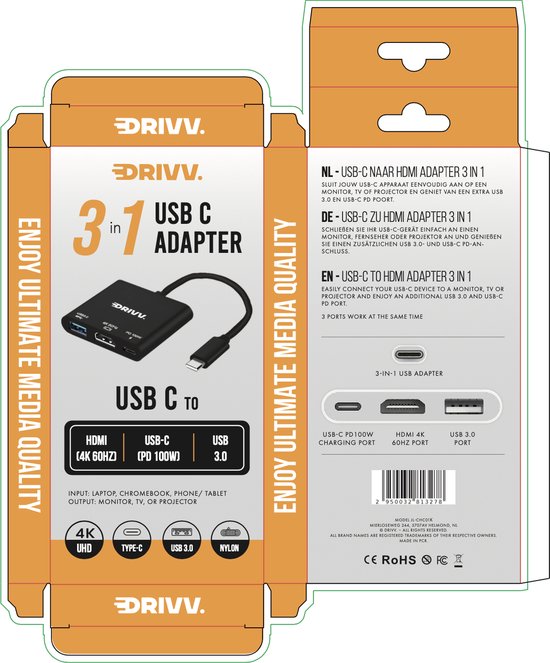 Drivv. USB C naar HDMI Adapter 3 in 1 - HDMI 4K 60hz - USB 3.0 - PDW 100w - Zwart