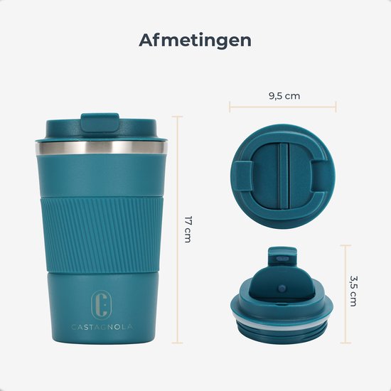Castagnola Thermosbeker - Koffiebeker To Go - Travel Mug voor Koffie en Thee - Theebeker - 380 ML - RVS - Blauw