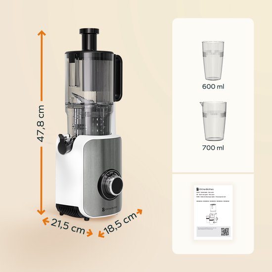 KitchenBrothers Slowjuicer - Verticaal - Juicer - Groenten en Fruitpers - 126 mm - 750 ml - Pearl White / Wit