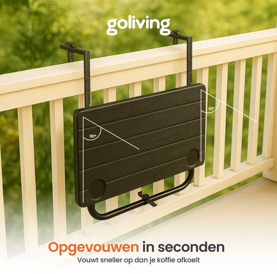 Goliving Balkontafel - Inklapbaar - Hangend - 60 x 40 cm - Verstelbaar in 3 hoogtes - Weerbestendig - 2 bekerhouders – Zwart