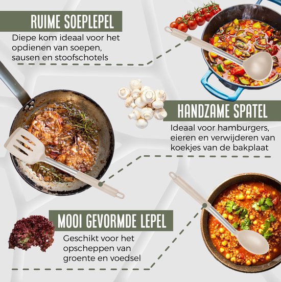 COOCK Siliconen Keukengerei Set met Houder XL - Kookgerei Set 26 delig - BPA-Vrij & Plastic Vrij - Ophangbaar - Incl. Opener - Beige