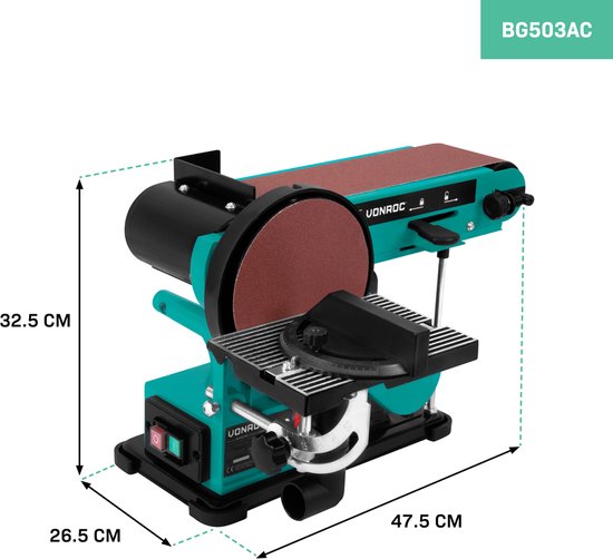 VONROC Band- en schijfschuurmachine 350W – Incl. 2x Schuurband 100 x 915 mm (P80 & P120) en 2x Schuurschijf Ø150 mm (P80 & P120)
