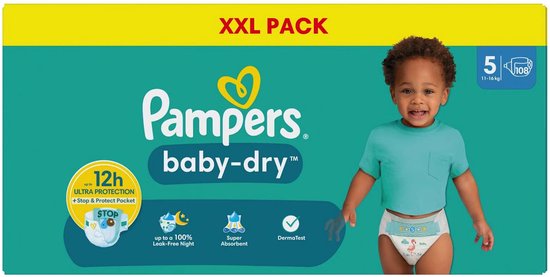 Pampers Baby-Dry luiers - Maat 5 (11-16kg) - 108 stuks - Voordeelverpakking - Stop and Protect - Unieke extra laag - Absorberende kern - Dubbele beschermrandjes (Tot maat 5+)