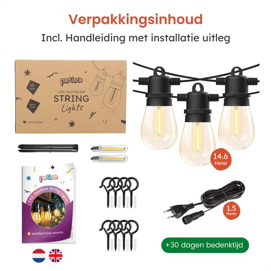 Partizzle 15m LED Lichtsnoer voor Buiten - Terras en Camping Tuinverlichting - Kerst Lampjes Slinger - Kerstverlichting - Waterdicht Lichtslinger - 2700K / Warm Wit