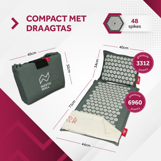 Northwall Spijkermat met Kussen & Draagtas - Acupressuur mat met Spijkerkussen - Spijkerbed - Acupunctuur - Meditatie - Shakti Massage - Grijs
