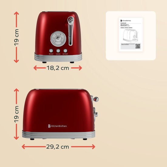 KitchenBrothers Retro Broodrooster - Toaster - 6 Warmteniveaus - 2 Extra Brede Sleuven - 815W - Rood