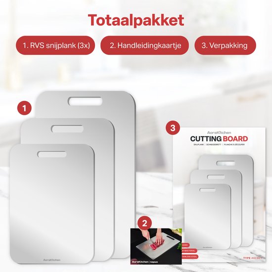AoraKitchen Snijplank RVS - Set 3 Stuks - Snijplanken - Vaatwasserbestendig - Titanium Gestabiliseerd