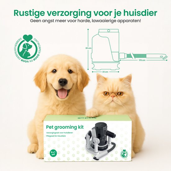 Gopets Professionele 3-in-1 Hondentondeuse - Dierentondeuse - Hondenfohn met Warme Lucht - 9 Delig - Haarverwijderaar voor Huisdieren - Waterblazer voor Honden - Trimset & Tondeuse Hond en Kat - Dierenhaar Stofzuiger - Massageborstel