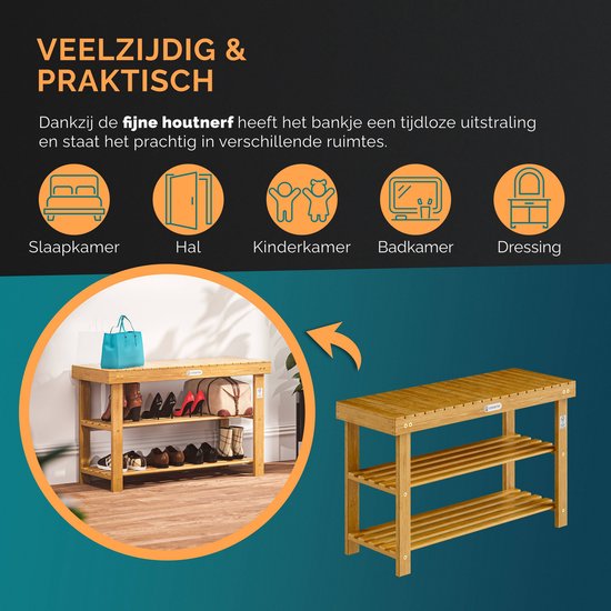 Casaria Schoenenrek - Zitbank 3 Schappen 90x33x46cm – Acaciahout