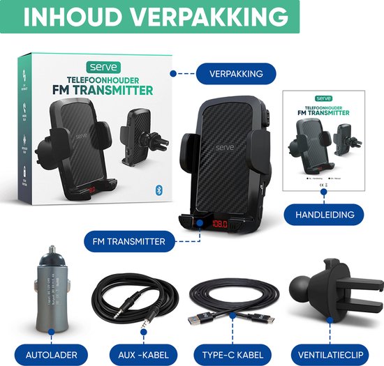Serve 2in1 Bluetooth FM Transmitter & Telefoonhouder Auto - Carkit voor Muziek - Telefoonhouders Auto Accessoires - Ventilatie Houder