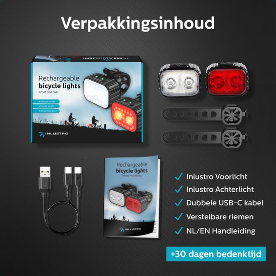 Inlustro Fietslamp Set - Voorlicht / Achterlicht - LED Fietslampjes Rood en Wit - Fietslicht Koplamp - Waterdicht - USB Oplaadbaar