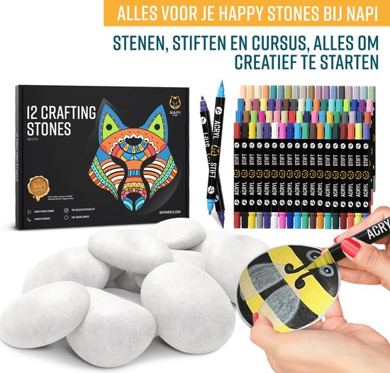 NAPI Happy Stones Stenen - 12 Witte Keien - Inclusief Cursus: Stenen Schilderen - Gladde Egale Keien - Pakket - Beach Pebbles - 4 tot 8cm - Wit