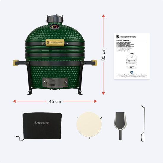 KitchenBrothers Kamado BBQ - 16 Inch Houtskool Barbecue - 34⌀ cm - PFAS-vrij - Deluxe Set - Egg BBQ met Accessoires - Vaderdag Cadeau - Groen