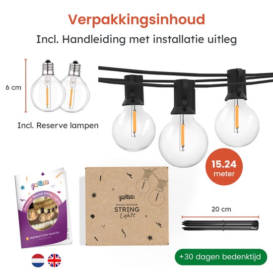 Partizzle 15m Waterdicht Lichtsnoer Rond - 25 LED Lampjes Slinger - Kerst Lichtslinger voor Buiten Terras en Camping - Kerstverlichting / Tuinverlichting - 2700k / Warm Wit