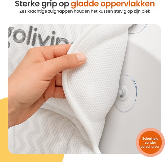 Goliving Badkussen - Ergonomisch Kussen voor in Bad - Met 6 Zuignappen - Inclusief Waszakje - Anti-Slip, Lichtgewicht & Waterdicht -100% Polyester - Wit