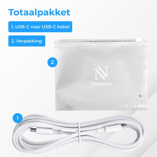 Nuvance - Usb C naar Usb C Kabel - 2 Meter - Usb-C Kabels - Snellader - 480Mb/ps Data - Usb C Oplader - 60W - Wit