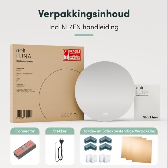 Nolt Badkamerspiegel met Verlichting - Ronde Badkamer Spiegel - Verwarming - Klok - LED - 80 cm