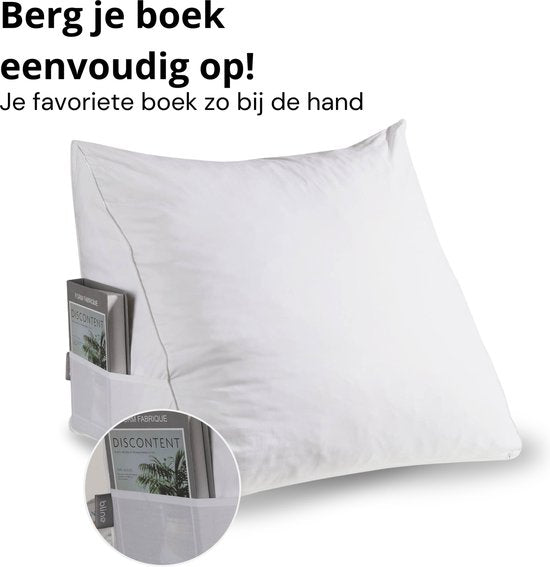 Bline Leeskussen Wit – Bookseat met Traagschuim – Leeskussen voor in Bed en Bank – Rugkussen met Zijvak – Ergonomische Rugsteun – Boekkussen – Wit