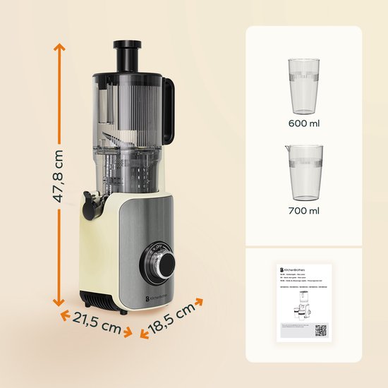 KitchenBrothers Slowjuicer - Verticaal - Juicer - Groenten en Fruitpers - 126 mm - 750 ml - Champagne