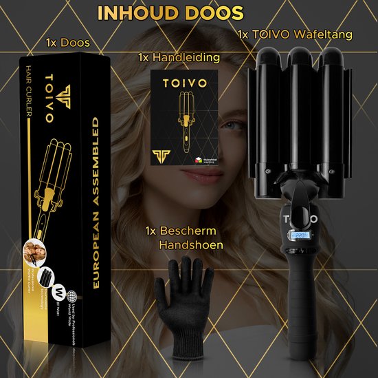 Toivo Wafeltang 22mm - Incl. Beschermingshandschoen - Wave Krultang - Golvenkrultang - Haar - Waver -Beach Waves - Zwart