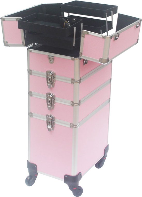 VDD Visagie make up koffer trolley - cosmetica schminken nagel koffer - 4 in 1 - Roze