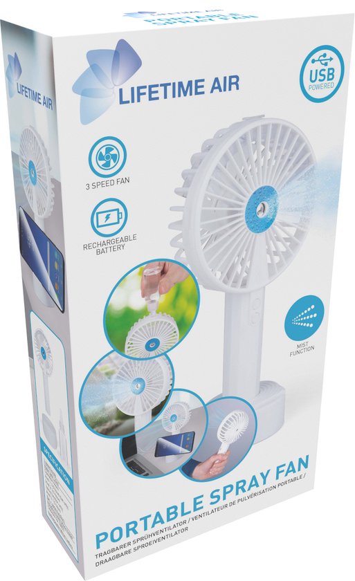Lifetime Air Handventilator - USB Ventilator met Waternevel - 1200 mAh - Mini Ventilator met Waterspray - Wit
