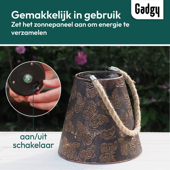 Gadgy Solar Tuinverlichting Vlinders - Tuinverlichting Led Buiten ophangen - Solar Buitenlamp Zonne Energie met Schaduweffecten - Solar Lamp Tuin, Terras & Balkon - Lantaarn voor Buiten - Lantaarn Windlicht op Zonneenergie - Brons / Goud