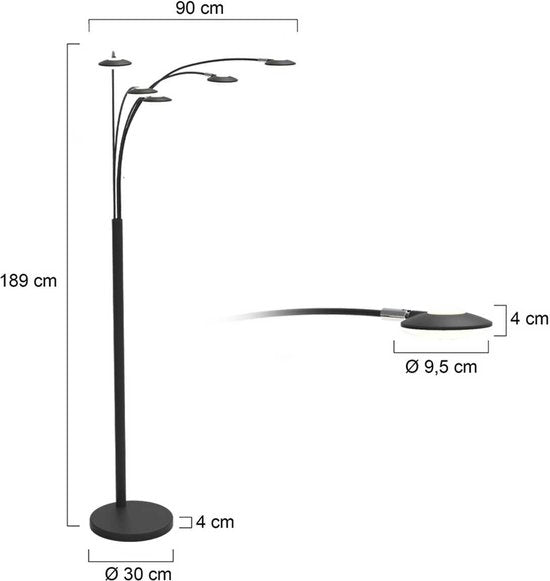 Vloerlamp Synna 1327ST – Draaibaar, dimbare LED booglamp van staal en glas, Modern design, Mexlite, met 5 lichtbronnen (4.5W) en snoer van 235 cm