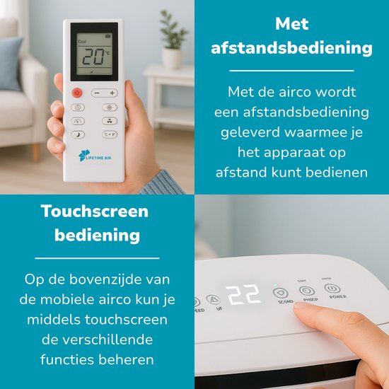 Lifetime Air Mobiele Airco – 14.000 BTU - Airconditioner incl. Raamafdichting kit - Airconditioning, Luchtontvochtiger en Ventilator - Air Conditioner met Slang – Verkoeling tot 96m3 – Timer en Afstandsbediening