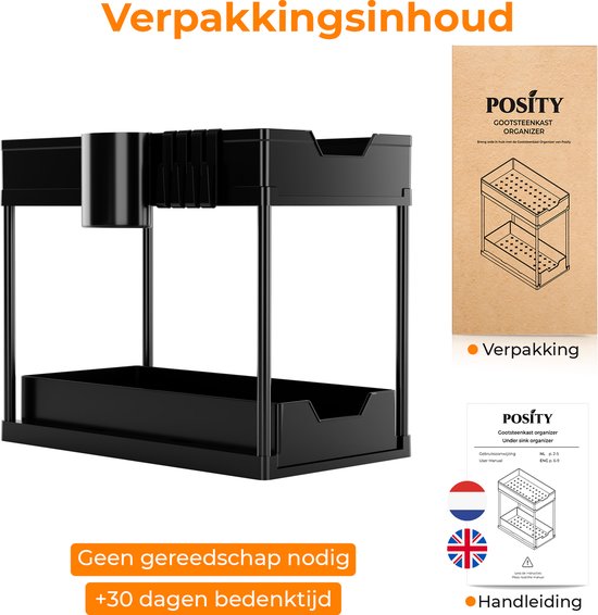 Posity Gootsteenkast Organizer - Keukenkastje Organizer - Schuiflade - Kast Organizer - Badkamer Organizer - Aanrecht Organiser - 2 Uitschuifbare Lades - Zwart