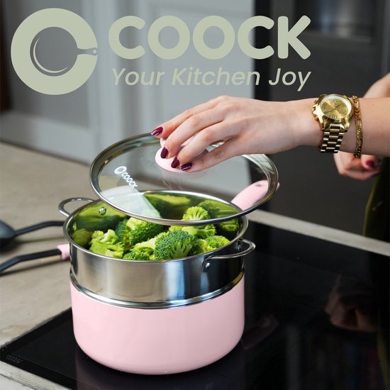 COOCK 19-Delige Pannenset - Speciale Anti-Aanbak Coating - Ergonomische Koudgrepen - Gerecycled Aluminium - koekenpannenset - kookpottenset - Lichtroze - Inclusief Onderzetters en E-book