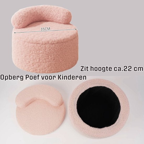 Ceruzo Kinderpoef – Roze Opbergstoel – Teddy Boucle– Zachte rugsteun- Ø 35 -H28 cm