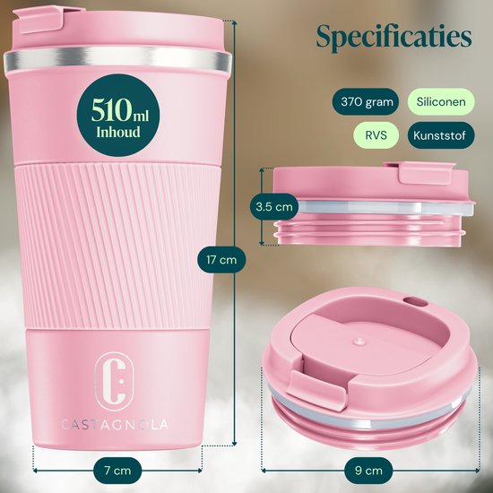 Castagnola Thermosbeker - Koffiebeker To Go - Travel Mug voor Koffie en Thee - Theebeker - 510 ML - RVS - Roze